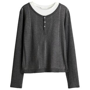 HM女装T恤春季圆领修身气质休闲双层长袖打底上衣1281863