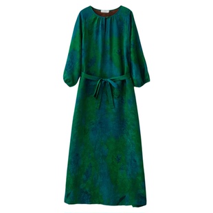 一丝牵真丝香云纱提花花萝圆领连衣裙100%桑蚕丝系带收腰长袖长裙