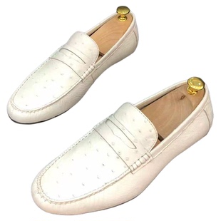 豆豆鞋男款白色鸵鸟皮鞋手工拉线不脱胶套脚轻质舒适耐磨防滑男鞋