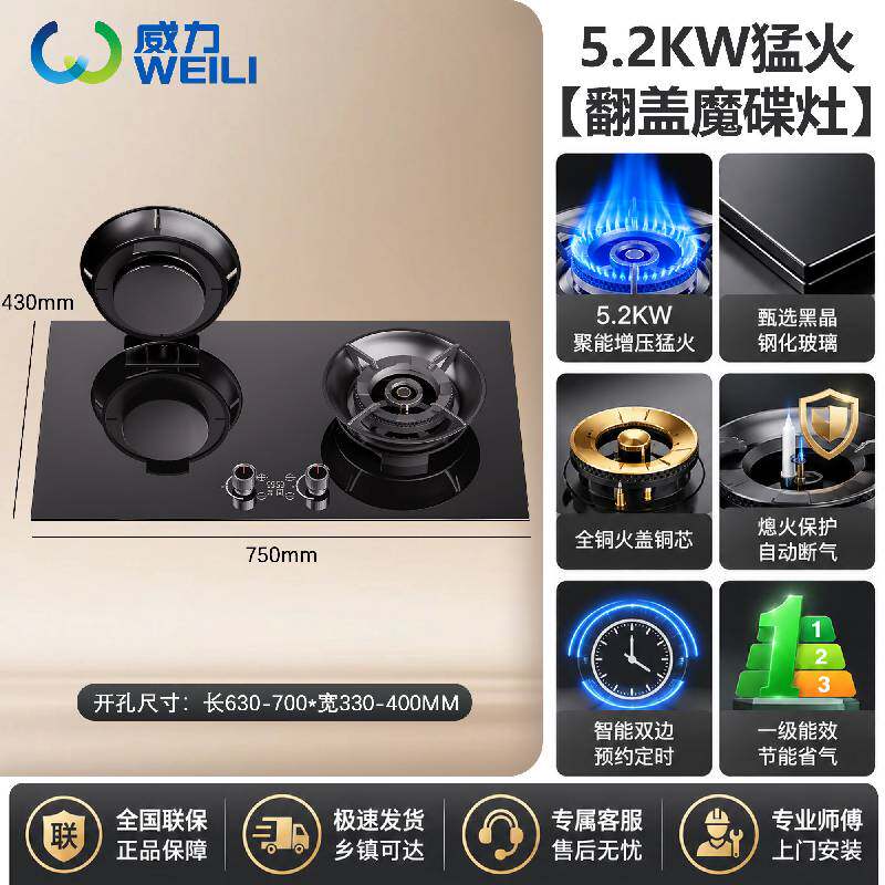 威力燃气灶双灶头可翻盖易清洁翻盖式5.2kw猛火智能定时防风聚能