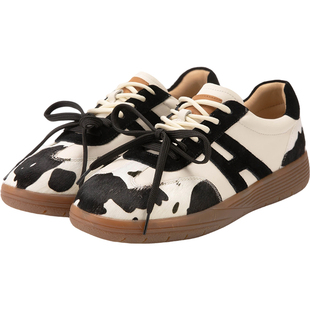 暇步士复古奶牛纹德训鞋女2026春新款真皮百搭轻便休闲平底阿甘鞋