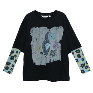 MOVEUP幻走2025春秋圆领印花纯棉上衣短款假两件长袖t恤女宽松