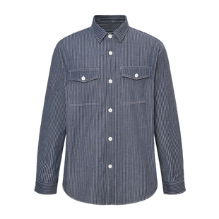 POLOWALK男装长袖衬衫2025秋季新品撞色细条纹翻领开衫衬衣男式