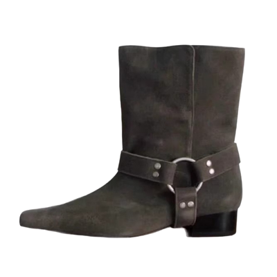 韩版真皮方头中筒靴女款尖头靴子