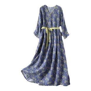 冉裳原创苎麻女装清新连衣裙夏季新斜襟收腰显瘦今年流行蓝色裙子