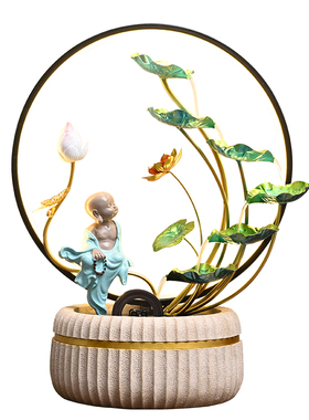 新中式禅意摆件荷花风水轮流水生财客厅玄关办公室桌面装饰品招财