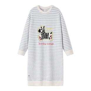 半边绒睡裙女冬季条纹长裙冬天加绒加厚珊瑚长款马年睡衣秋冬长袖