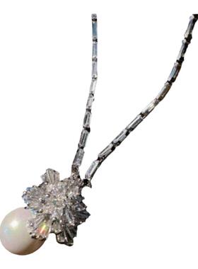 人鱼泪 冰雪霜花宝石澳白珍珠项链 大溪地 深海贝珠 雪花锆石耳环