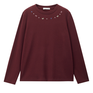 设计师款佐丹奴2026年春新款刺绣图案宽松红色长袖T恤女18325711