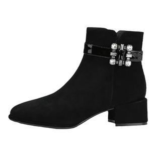 星期六绒面羊皮瘦瘦靴冬季新款方头粗跟短靴子女靴MD34116011