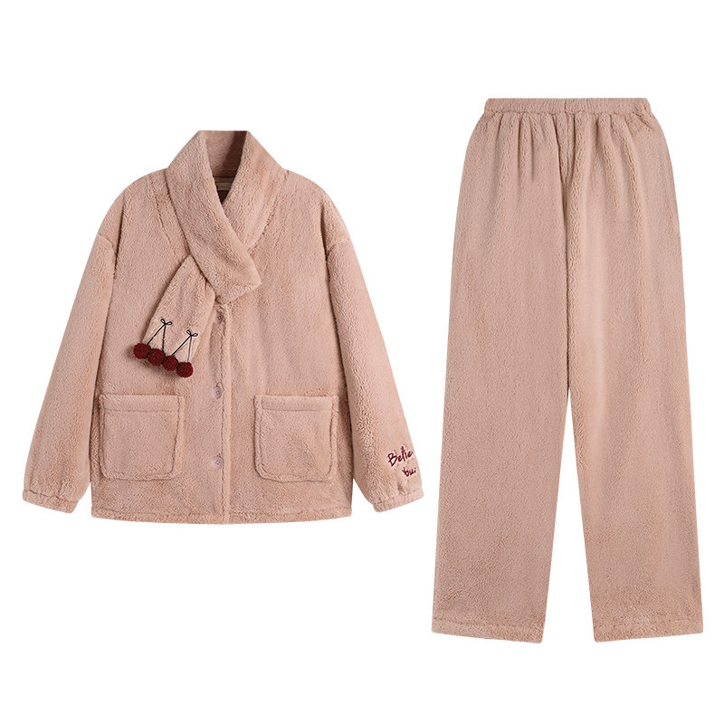 冬季珊瑚绒粉色少女家居服套装