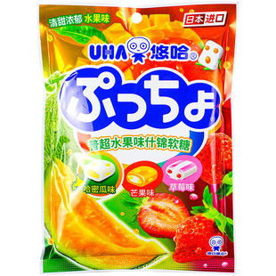 日本进口零食悠哈UHA 3味什锦果汁碳酸味觉糖/糖中糖/夹心软糖90g