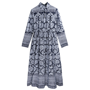 杨丽萍官方原创设计民族风新中式风印花立领蜡染棉麻连衣裙夏秋