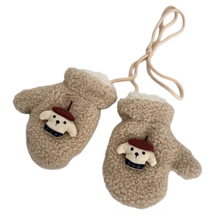 宝宝手套冬季可爱卡通羊羔绒连指手套儿童保暖加厚挂脖男女童手套