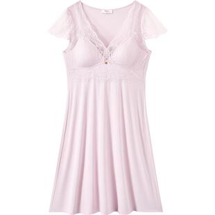 曼妮芬带杯垫蕾丝蝴蝶刺绣防凸点女士睡衣家居服可外穿吊带睡裙