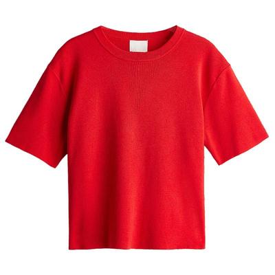 HM女装毛针织衫春季时尚细密圆领短袖内搭红色毛衣短上衣1220582