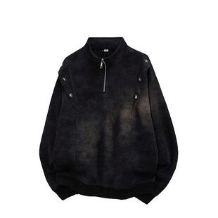 美式休闲扎染卫衣男秋冬加绒保暖半拉链金属星星外套结构设计上衣