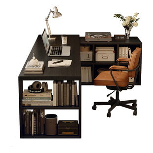 实木转角书桌书架书柜一体成人家用学习桌子工作台卧室黑色电脑桌