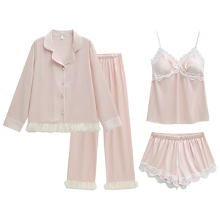 乐姿梦性感冰丝吊带短裤睡衣女春夏季带胸垫四件套家居服长袖套装