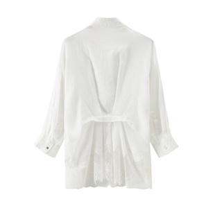 BANANA CICI2025年夏季新款老钱风苎麻不规则蕾丝拼接防晒衬衫