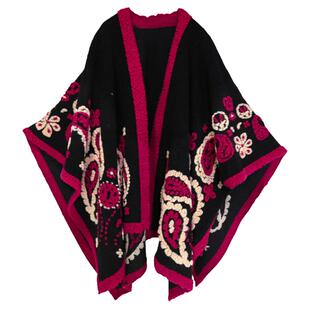 秋冬民族风特厚羊毛开叉披巾女保暖午睡盖毯超大围巾加厚斗篷披肩