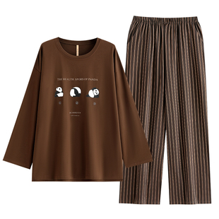 家乐芬睡衣女春秋季纯棉长袖家居服大码复古风条纹圆领套装可外穿
