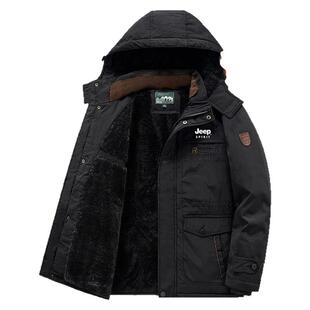 吉普JEEP棉衣加绒加厚外套男户外大码冬装棉服多袋中长款棉袄