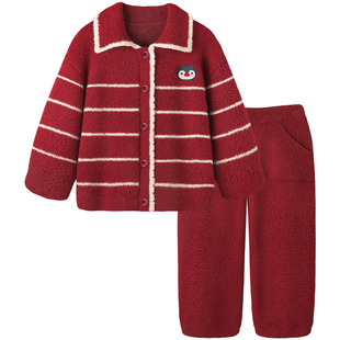 Pinksea高级感睡衣女款半边绒冬季保暖企鹅条纹红色情侣家居服男