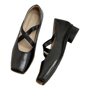 慢先森 中跟芭蕾舞鞋女交叉带植鞣牛皮粗跟猪鼻子新款女鞋 324-2