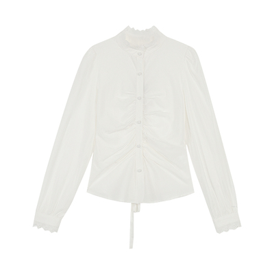 MULVAN 一秒精致 法式小立领蕾丝花边白色衬衫女叠穿打底收腰衬衣