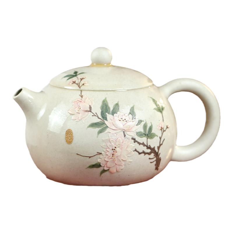 两笔原矿纯全手工泡茶紫砂壶象牙白段泥绘牡丹西施茶具套装250cc