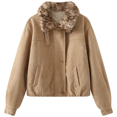 慕兔复古加绒立领皮毛一体外套