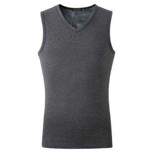 猫人无袖T恤秋冬季男款加绒运动背心银狐绒V领简约打底衫纯色内搭