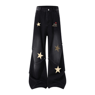 查尔斯桃心美式豹纹星星牛仔裤子男女春秋季高街情侣潮牌直筒长裤