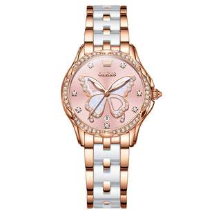 欧利时正品女士手表女款石英表防水机械表蝴蝶陶瓷带镶钻时尚女表