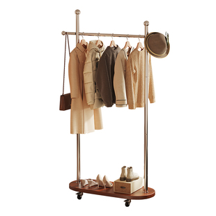 家用卧室落地式衣帽架中古风带轮移动式床边放衣服神器立式置物架