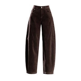 咖色灯芯绒裤子女2025新款冬加绒休闲裤宽松阔腿弯刀裤条绒哈伦裤