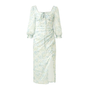 【奥莱】MAXRIENY曼波风薄荷绿连衣裙开叉款碎花裙子长裙