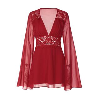 shemoda性感深V领蕾丝拼接长袖雪纺连衣裙女侧拉链高腰修身短裙子