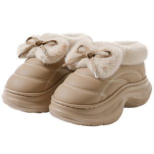 厚底全包跟棉拖鞋女居家时尚蝴蝶结PU皮拖鞋冬季保暖棉鞋防寒外穿