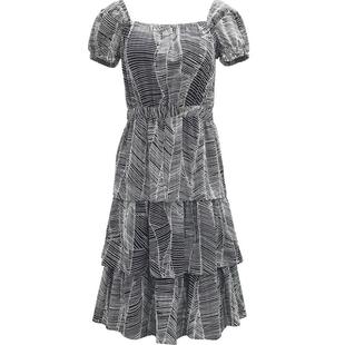 Episode艾碧素夏新复古优雅抽象印花雪纺泡泡袖塔裙连衣裙113176