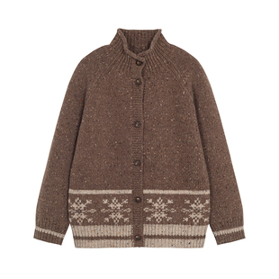 yawhat棕色杂色花线粗针羊毛雪花提花毛衣针织开衫外套高领加厚