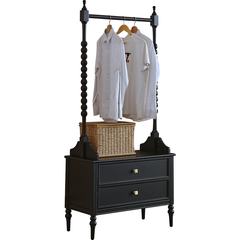 法式实木落地衣帽架床头柜一体黑色卧室开放式衣柜美式复古挂衣架