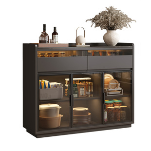 岩板餐边柜靠墙一体实木储物柜客厅家用玻璃门边柜轻奢厨房置物柜