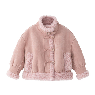 女童皮草外套2025冬季皮毛一体立领机车服短款宝宝儿童羊羔毛外套