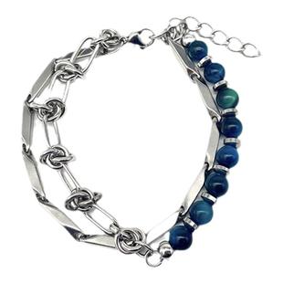 双层蓝色虎眼石钛钢手链男女ins设计感国潮小众复古嘻哈手饰配饰