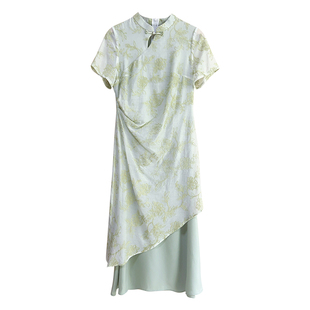 兰亭序【自制款】假两件小清新浅绿色新中式旗袍大码胖mm连衣裙女