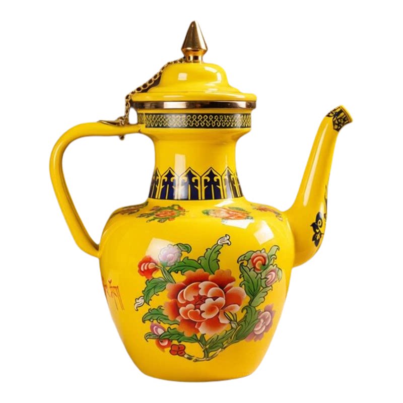西藏八吉祥牛马牌搪瓷茶壶