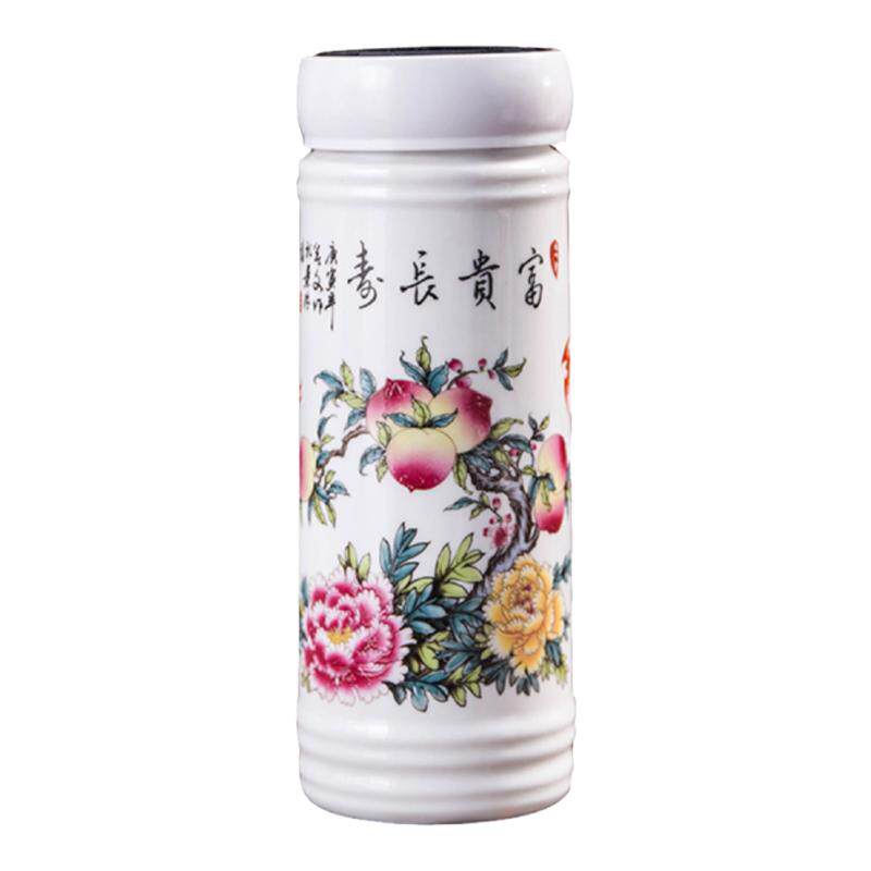景德镇陶瓷水杯陶瓷内胆保温杯带盖青花瓷白瓷双层茶杯防漏养生杯