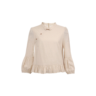 纻衣杏色盘口斜襟七分袖衬衫2025秋装新品女装新中式温婉气质上衣